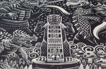 Godzilla vs Gigan Linocut Poster