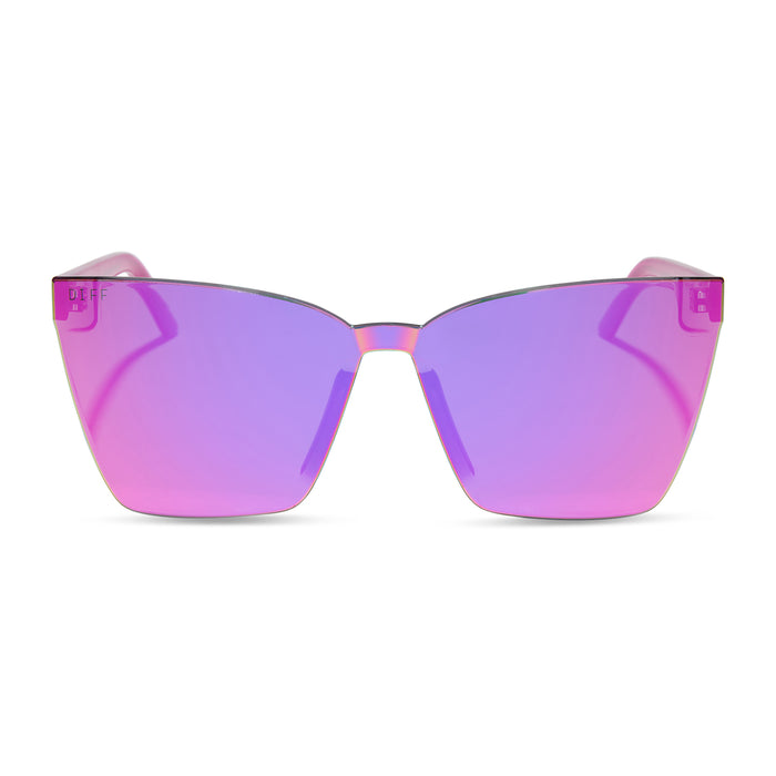 diff eyewear featuring the goldie cat eye sunglasses with a bright tulip frame and pink rush mirror lenses front view