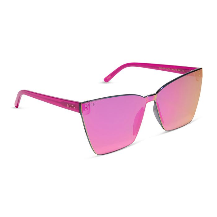 diff eyewear featuring the goldie cat eye sunglasses with a bright tulip frame and pink rush mirror lenses angled view