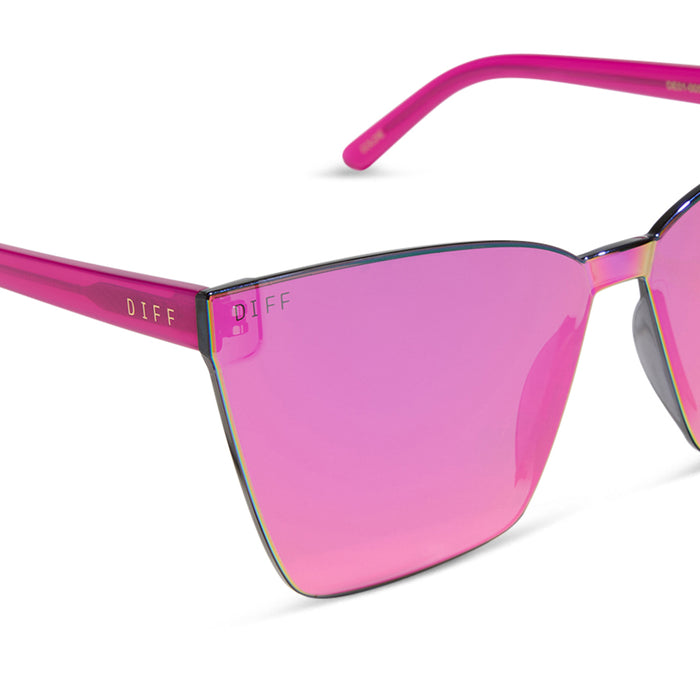 diff eyewear featuring the goldie cat eye sunglasses with a bright tulip frame and pink rush mirror lenses detailed view