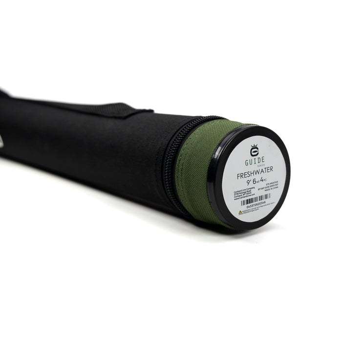 Fishing rod in a black and green case with a label on a white background