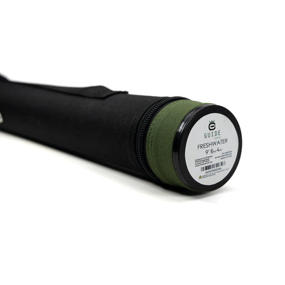 Fishing rod in a black and green case with a label on a white background