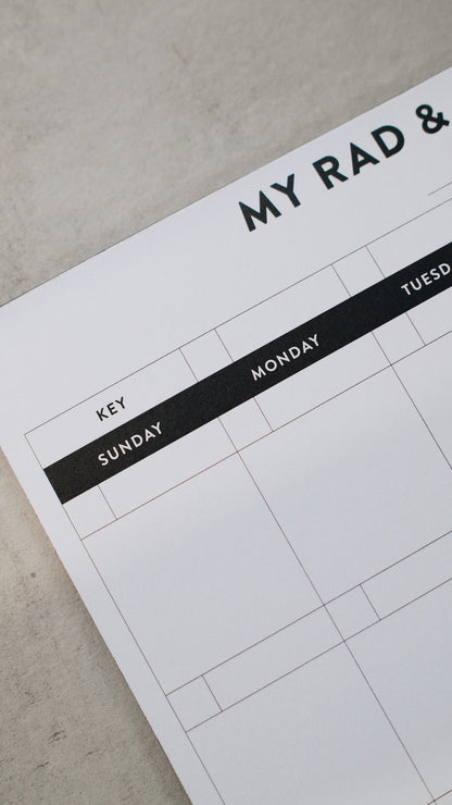 Monthly notepad with 'My Rad &' text on a plain background