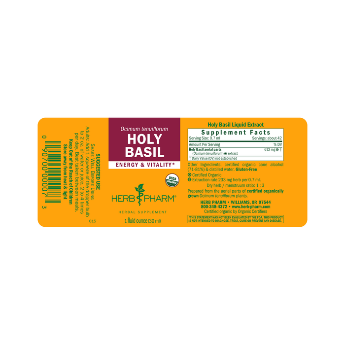 Herb Pharm Holy Basil 4oz - Supplement Facts panel