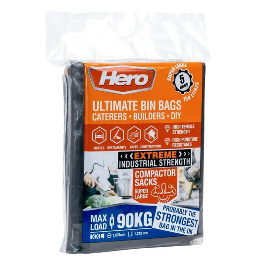 Hero Heavy Duty Super Large Ultimate Black Bin Bags 5-Pack