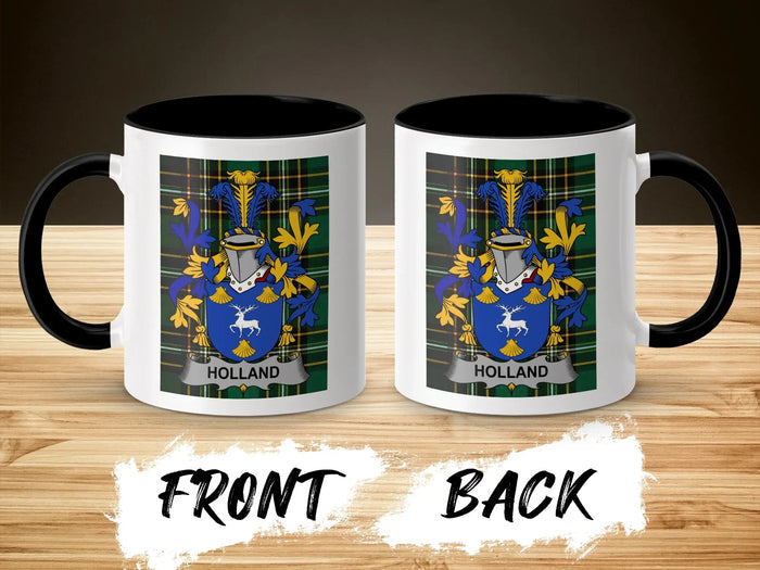 Two white mugs with black rims, displaying the Holland family crest on a plaid background.