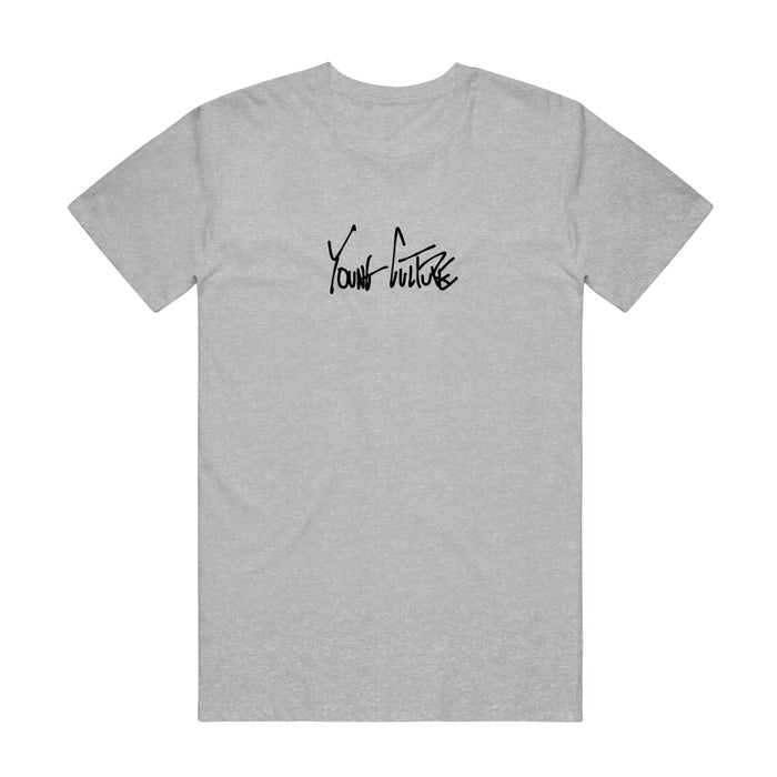 Athletic grey short sleeve shirt with YOUNG CULTURE written across the chest in black lettering.