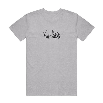 Athletic grey short sleeve shirt with YOUNG CULTURE written across the chest in black lettering.