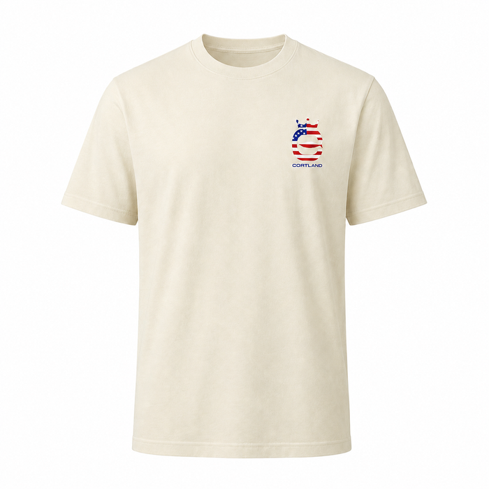 Beige t-shirt with a Cortland Line logo on the chest against a white background