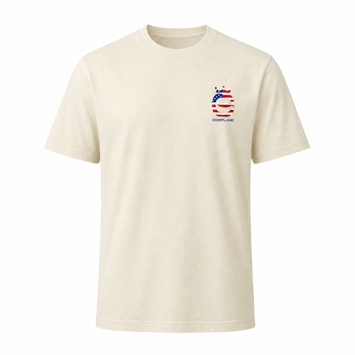 Beige t-shirt with a Cortland Line logo on the chest against a white background