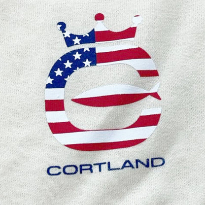 Close up of Cortland Line logo with American flag design and 'Cortland' text on a tshirt