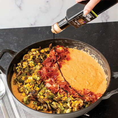 Creamy Polenta with Crispy Pancetta, Brussel Sprouts, and Corn