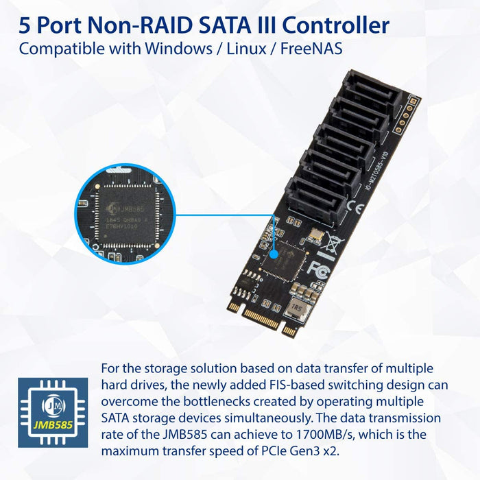 IOCrest Internal 5 Port NonRAID SATA III 6GBps Adapter Card For Desktop PC Support SSD And HDD JMB585 Chipset - Cash Converters