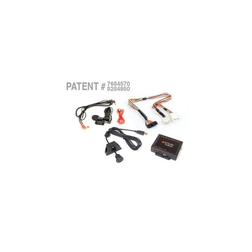 A collection of vehicle electronic accessories including a module with a display screen, various connectors, and a remote control, labeled with a patent number.