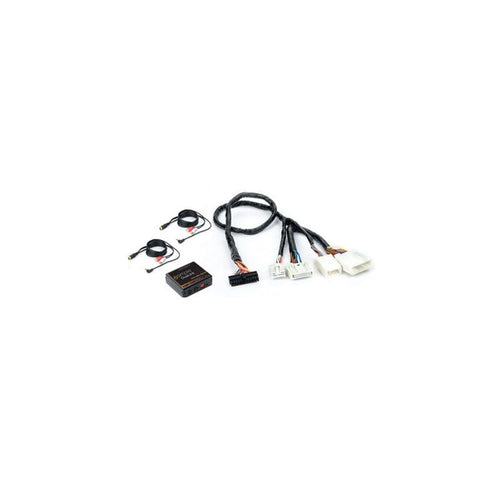 A black DuaLink kit for Nissan and Infiniti vehicles, including a control module and cables with RCA and 3.5mm connectors.