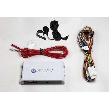 A set of car connectivity equipment including a white simpleBox, a black and red cable, a microphone, and various connectors.