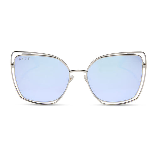 diff eyewear featuring the jacqueline square sunglasses with a silver thistle temple tips frame and lavender mirror lenses front view