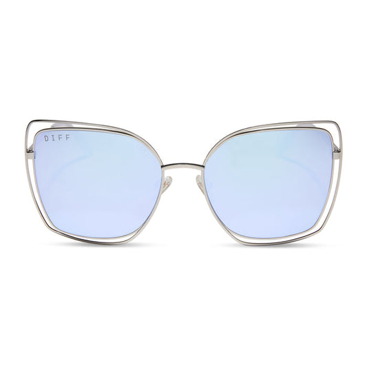 diff eyewear featuring the jacqueline square sunglasses with a silver thistle temple tips frame and lavender mirror lenses front view