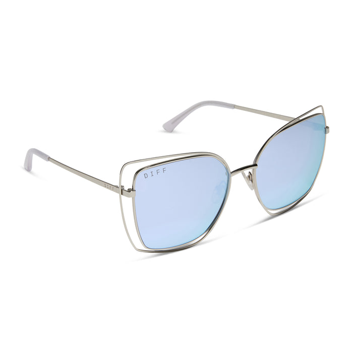 diff eyewear featuring the jacqueline square sunglasses with a silver thistle temple tips frame and lavender mirror lenses angled view