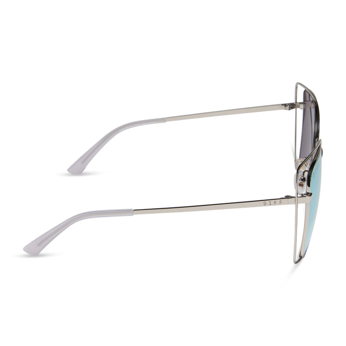 diff eyewear featuring the jacqueline square sunglasses with a silver thistle temple tips frame and lavender mirror lenses side view