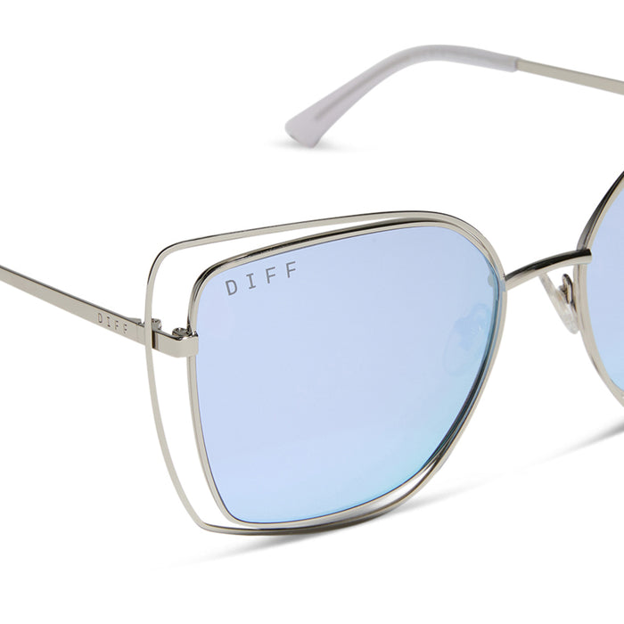 diff eyewear featuring the jacqueline square sunglasses with a silver thistle temple tips frame and lavender mirror lenses detailed view