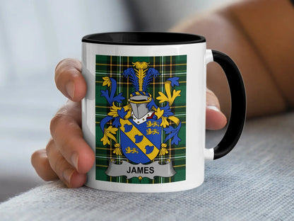 James Irish family crest black accent mug