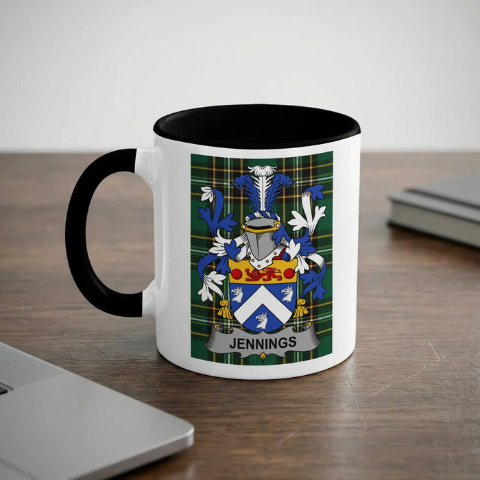 Jennings Irish heritage mug with black handle and family crest