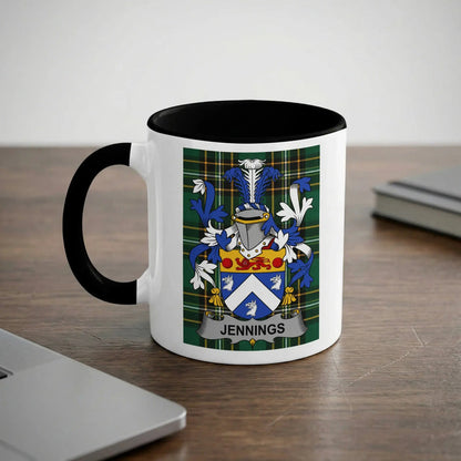 Jennings Irish heritage mug with black handle and family crest