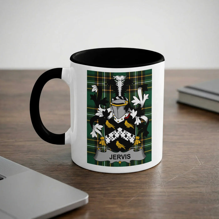 Jervis Irish heritage mug with black handle and family crest
