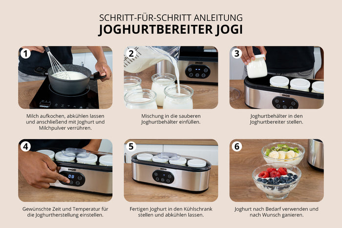 Eine Anleitung in sechs Schritten zur Verwendung des Unold-Joghurtbereiters JOGI, in der gezeigt wird, wie man Milch zubereitet, sie in die Gläser füllt, Zeit und Temperatur einstellt, den Joghurt im Kühlschrank reifen lässt und selbstgemachten Joghurt mit Obst serviert.