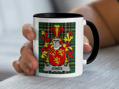 Jones Irish family crest black accent mug