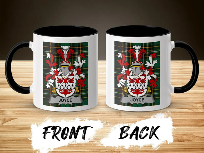 Joyce family crest on the Irish National Tartan, ceramic accent mug