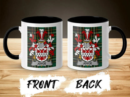 Joyce family crest on the Irish National Tartan, ceramic accent mug