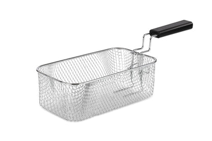 Die Unold Kaltzonen-Fritteuse „Frida“ ist ein rechteckiger Frittierkorb aus Metalldraht mit einem langen schwarzen Griff, der zum Frittieren von Lebensmitteln konzipiert ist. Das Produkt wird leer vor einem weißen Hintergrund gezeigt.