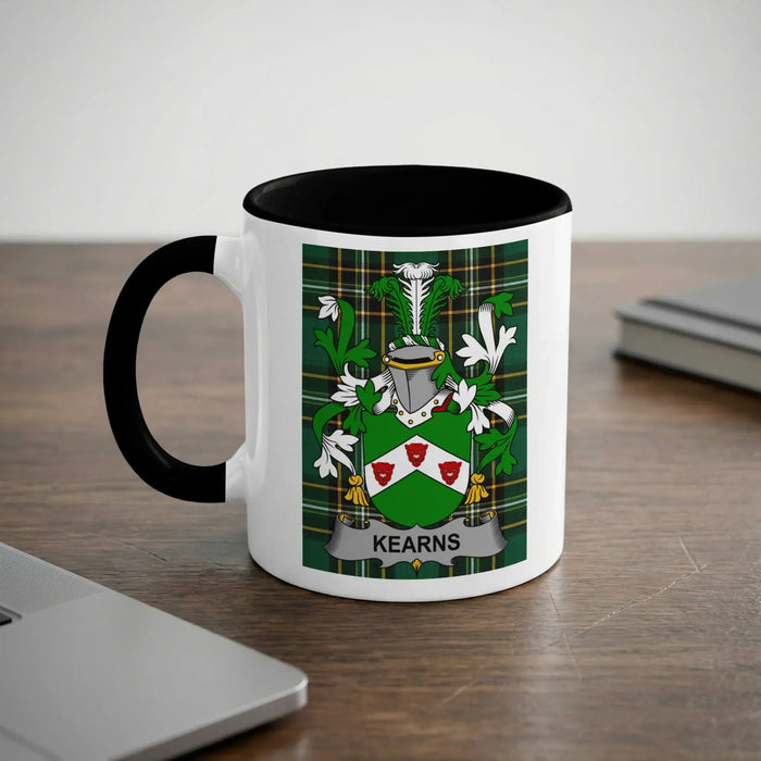 Kearns Irish heritage mug with black handle and family crest