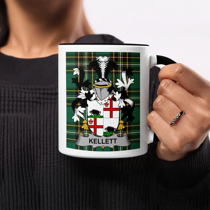Mug with the Kellett family crest on a tartan background.