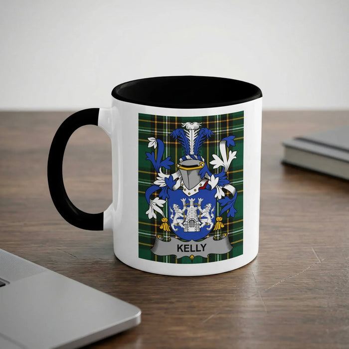 Kelly Irish heritage mug with black handle and family crest
