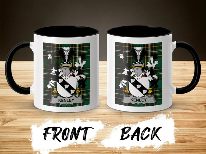 Two views of a mug with the KENLEY coat of arms on a tartan background.