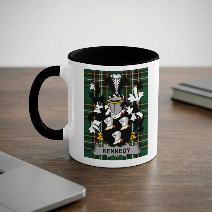 Kennedy Irish heritage mug with black handle and family crest