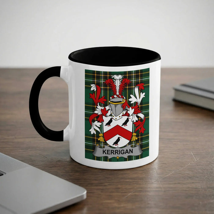 Kerrigan Irish heritage mug with black handle and family crest