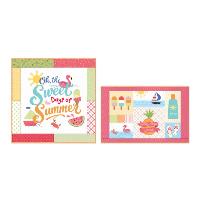 Two square decorative cards or prints with a patchwork summer theme, shown on a plain white background. One card reads 'Oh, the Sweet Days of Summer' with flamingos, a sailboat, watermelon, and sun motifs.