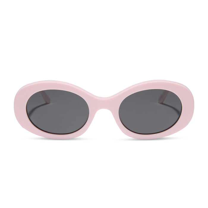 diff eyewear featuring the lainey oval sunglasses with a powder pink frame and grey polarized lenses front view