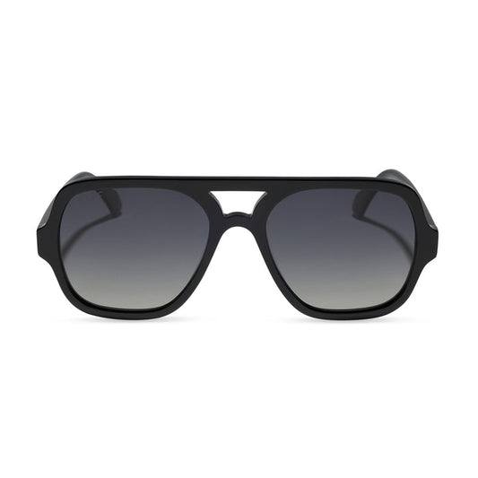 diff eyewear featuring the layton navigator sunglasses with a black acetate frame and grey gradient polarized lenses front view