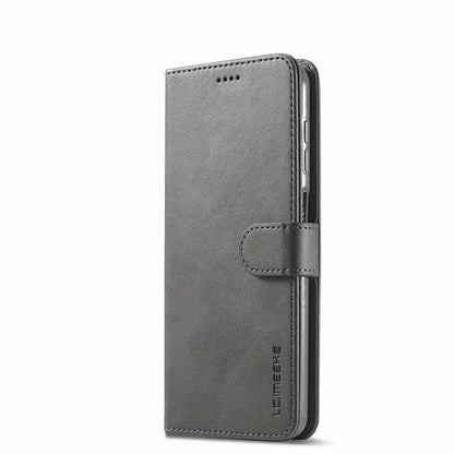 Gray leather wallet-style smartphone case with a flip cover and card slots.