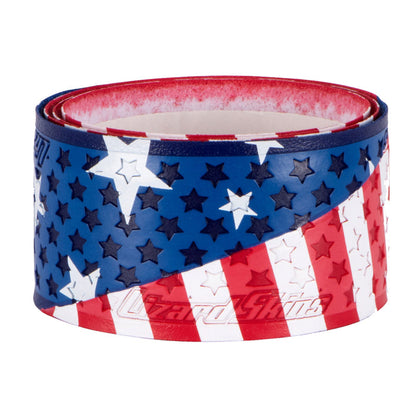 The Lizard Skins Specialty 1.1mm Durasoft Polymer Bat Grip showcases a USA flag design and provides comfort and control with its 1.1mm thickness.