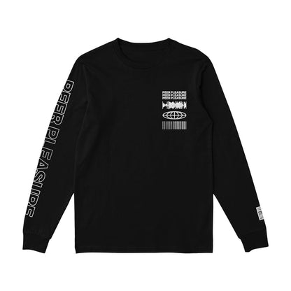 Front of black full zip hoodie. PEERPLEASURE written vertically on one sleeve in white lettering. On the top corner of the chest, there is a soundwave, globe, and barcode, and text that says PEERPLEASURE drawn in white.