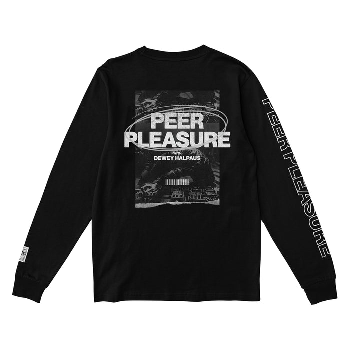 Back of black long sleeve shirt. PEER PLEASURE written in white lettering on top of a black and white image with a white oval around the text.