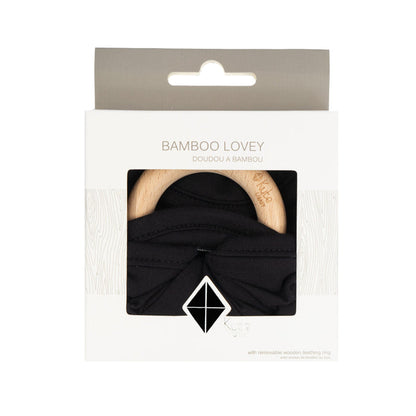 Lovey Midnight with Removable Wooden Teething Ring in packaging