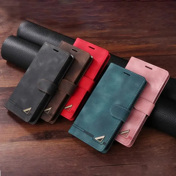 Collection of leather wallet phone cases in various colors.