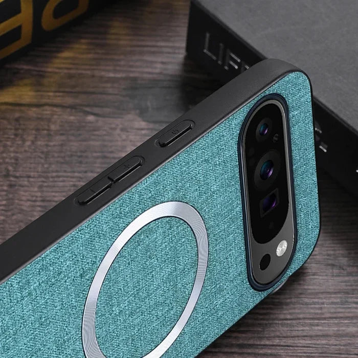 Teal and black smartphone case with a circular design element and visible camera lenses.